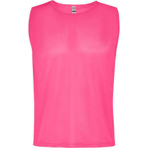 A pink sleeveless sports bib with a round neckline and a logo on the label.