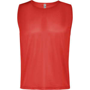A red sports bib with a sleeveless design, featuring a logo on the front.
