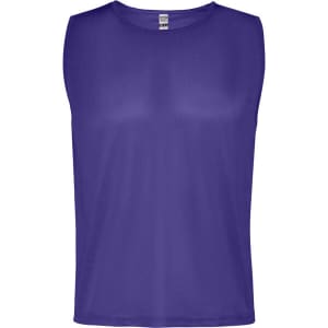 A sleeveless purple sports bib with a smooth finish and a simple design. Includes a logo.