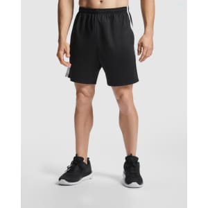 Black sports shorts with an elastic waistband, designed for active wear. Features branding on the side.