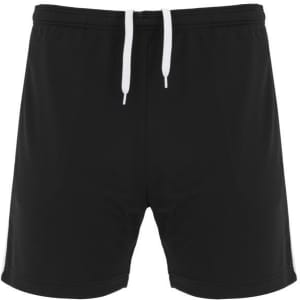 Black sports shorts featuring a drawstring and a logo on the side.