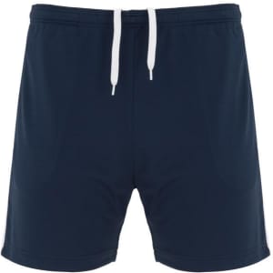 Navy sports shorts with a drawstring waist and two side pockets, featuring a logo.
