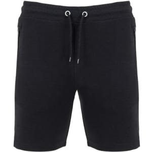 Black sports shorts featuring side pockets and an adjustable drawstring waistband. Includes a logo.