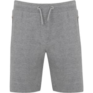A pair of grey sports shorts with drawstring and zippered pockets, featuring a brand logo.