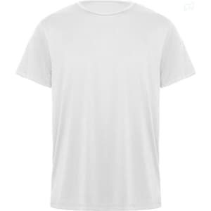 A plain white t-shirt featuring a crew neck and short sleeves, with a logo on the front.