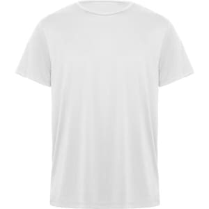 A plain white T-shirt with a crew neckline and short sleeves. It features a logo on the front.