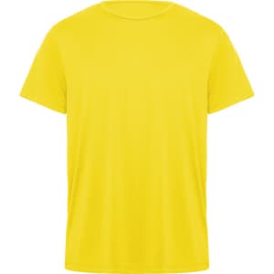 A bright yellow T-shirt with a round neck and short sleeves. It features a logo on the front.
