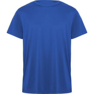 A blue T-shirt with a crew neck and short sleeves, featuring a logo on the front.