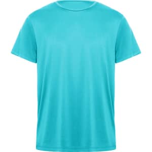 A turquoise t-shirt with a classic crew neck and short sleeves, featuring a logo on the front.