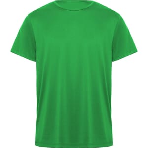 A green T-shirt with a crew neckline and short sleeves. The shirt has a branding logo.