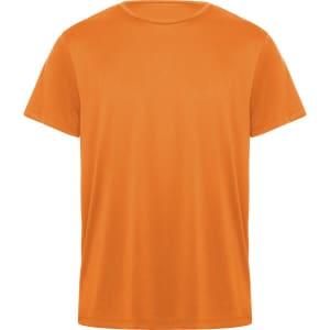 An orange T-shirt with a round neckline and short sleeves. The shirt has a plain design and features a logo.