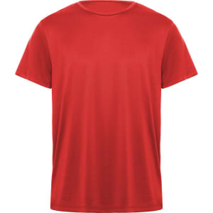 A red short-sleeved T-shirt with a simple design and a logo on the front.