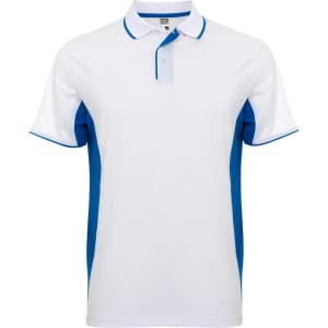 A white polo shirt with blue side panels and a collar, featuring a logo on the chest.