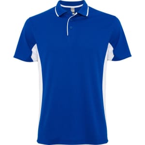 A blue polo shirt with white side panels and a collar, featuring a logo on the chest.