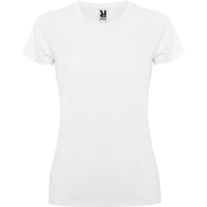 A white women's t-shirt with a classic fit and short sleeves, featuring a logo at the neckline.