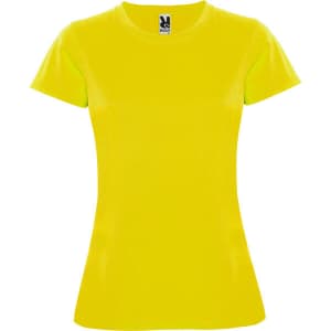 A bright yellow women's T-shirt with a fitted cut and a logo at the neckline.