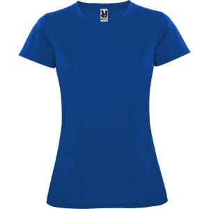 A blue women's t-shirt with a fitted design and short sleeves, featuring a logo on the label.