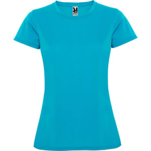 A turquoise women's T-shirt with short sleeves and a fitted design, featuring a logo on the neckline.