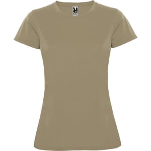 A women's t-shirt in a light beige colour, featuring short sleeves and a fitted design. It has a logo on the label.