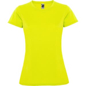 A bright yellow women's t-shirt with a fitted design and a logo on the neckline.