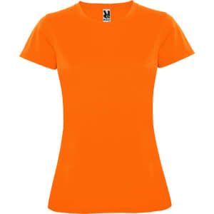 An orange women's T-shirt featuring a fitted design and a tag with branding at the neckline.