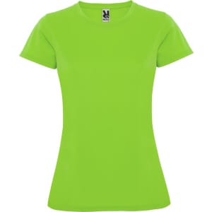 A vibrant green women's T-shirt with a fitted design and a logo on the neckline.