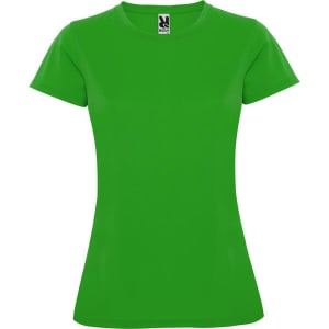 A green women's T-shirt with a round neckline and short sleeves, featuring a logo at the collar.