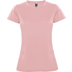 A pink women's t-shirt with a fitted design. The shirt features a round neckline and short sleeves, with a logo visible.