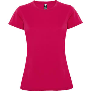 A vibrant pink women's T-shirt with a fitted style. Includes a logo on the label.