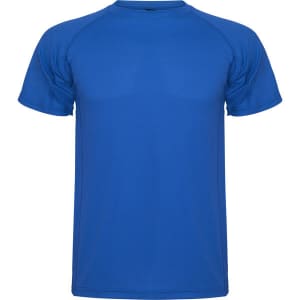 A blue t-shirt with a regular fit and raglan sleeves, featuring a branding logo.