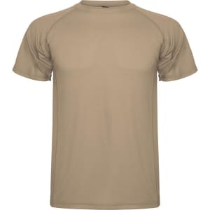 A beige Montecarlo T-Shirt with a round neck and short sleeves, featuring a logo on the design.