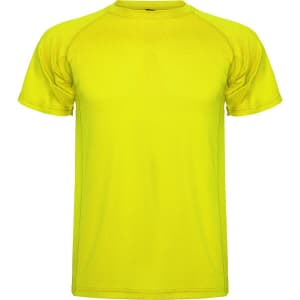 A bright yellow Montecarlo T-Shirt with short raglan sleeves. It features a simple design and has a logo.