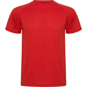 A red t-shirt with short sleeves and a round neckline, featuring a logo on the front.