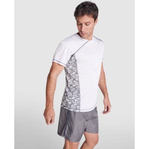 A white T-shirt with a grey camouflage pattern on the side, featuring a logo on the front.