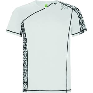 A white T-shirt with black patterned accents and a logo on the shoulder.