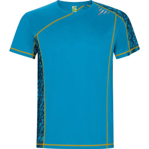 A blue T-shirt featuring contrasting black patterned sleeves and yellow stitching, with a logo on the chest.