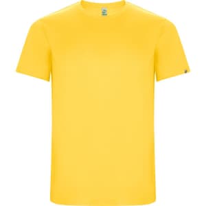 A yellow Imola T-shirt with a round neckline and short sleeves, featuring a small logo on the sleeve.