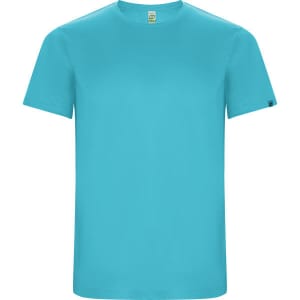 A solid turquoise T-shirt featuring short sleeves and a round neckline. The shirt has a small logo on the side.