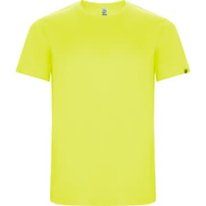 A vibrant yellow Imola T-shirt featuring a crew neck and short sleeves, with a logo on the sleeve.