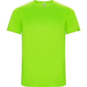 A bright green t-shirt with a crew neck and short sleeves. It features a logo on one side.