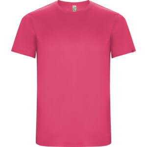 A pink t-shirt featuring a round neckline and short sleeves, with a logo on one sleeve.