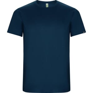 A navy blue t-shirt with a simple design and a small logo on the sleeve.