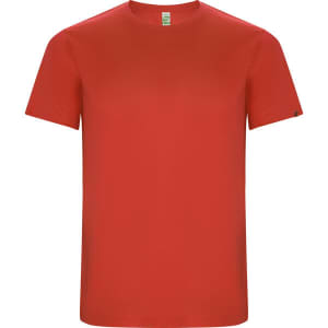 A red Imola T-Shirt featuring a round neckline and short sleeves, with a branding detail.