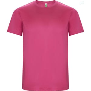 A pink Imola T-Shirt with a round neckline and short sleeves, featuring a logo on one side.
