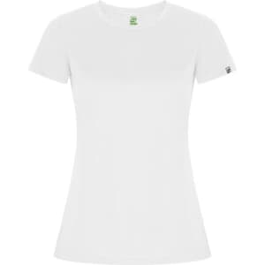A white women's t-shirt featuring a fitted silhouette and a small logo. Perfect for casual wear.