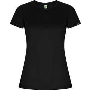 A black women's T-shirt with short sleeves, featuring a logo on the sleeve.