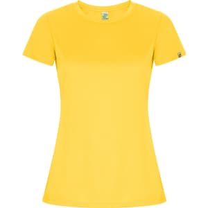 A yellow Imola women's T-shirt with a fitted design and short sleeves. It features a small logo on one sleeve.
