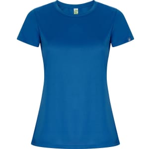 A blue women's T-shirt with short sleeves and a fitted design, featuring a logo on one side.