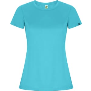 A women's T-shirt in a vibrant aqua blue colour, featuring a fitted design and a logo on the sleeve.