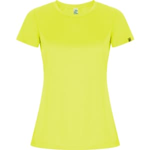 A women's T-shirt in bright lime green, featuring short sleeves and a fitted style. It has a logo on one side.